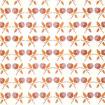 Printed wallpaper in a small scale watercolor floral in orange and purple. 