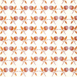 Printed wallpaper in a small scale watercolor floral in orange and purple. 