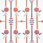 Printed wallpaper in a small scale floral stripe in red and blue.
