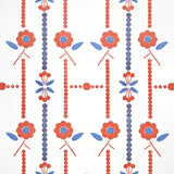 Printed wallpaper in a small scale floral stripe in red and blue.