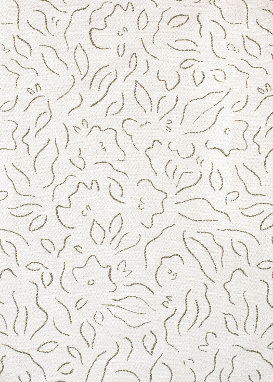 Detail of fabric in a minimalist floral print in olive on a cream field.