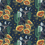 Scaled-out view of wallpaper in a statement desert print with a cactus, birds, flowers and moon. Field is navy.