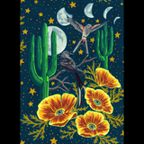 Detail of wallpaper in a statement desert print with a cactus, birds, flowers and moon. Field is navy.