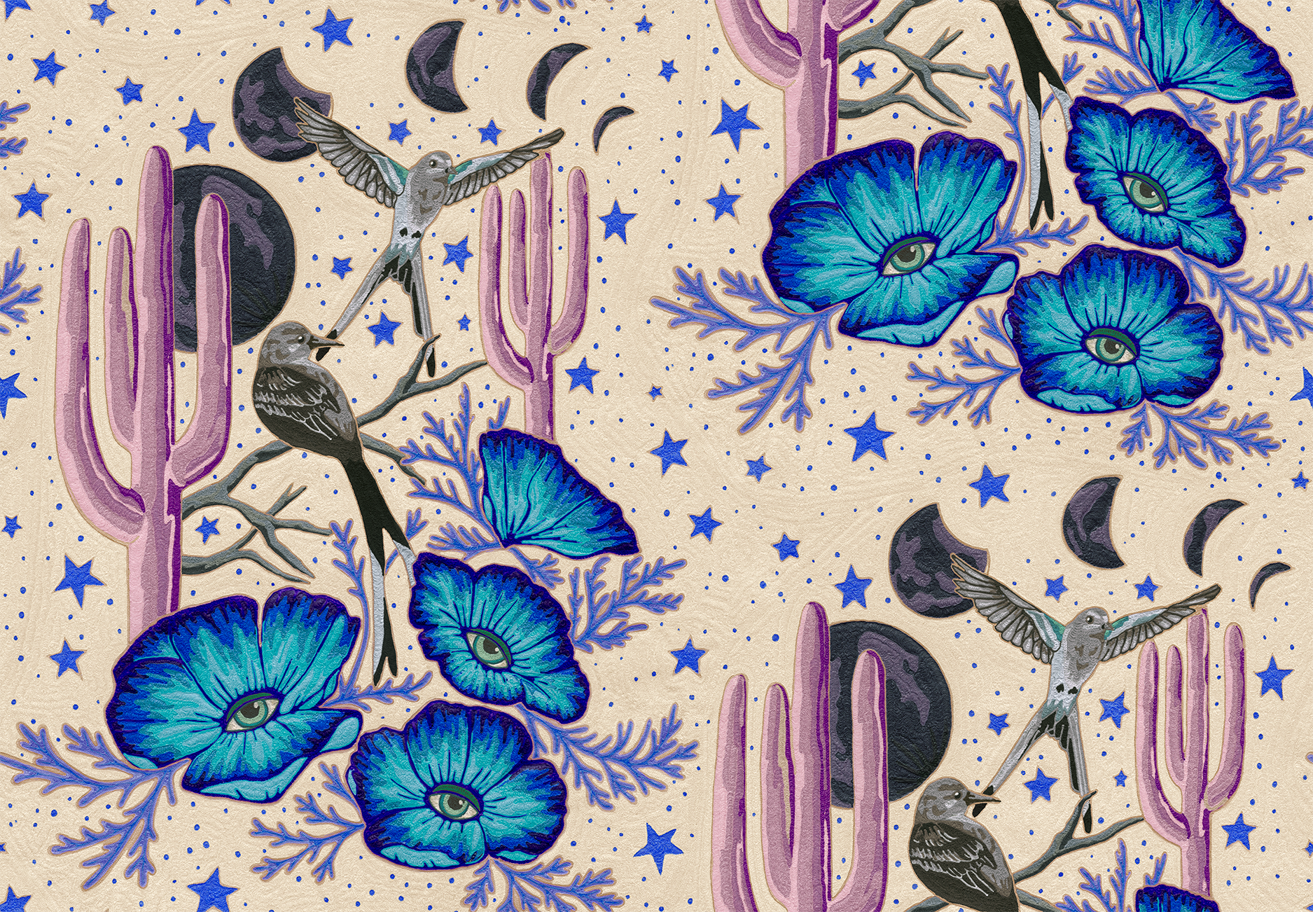 Scaled-out view of wallpaper in a desert print with a cactus, birds, flowers and moon. Colors are gray, tan, pink and blue.