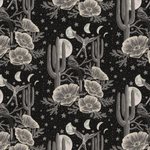 Scaled-out view of wallpaper in a statement desert print with a cactus, birds, flowers and moon. Colors are gray and tan.