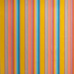 Outdoor fabric in an irregular rainbow stripe print.