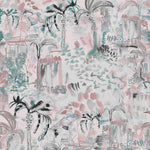 Detail of wallpaper in a painterly tree print in shades of gray, pink and turquoise.