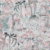 Detail of wallpaper in a painterly tree print in shades of gray, pink and turquoise.