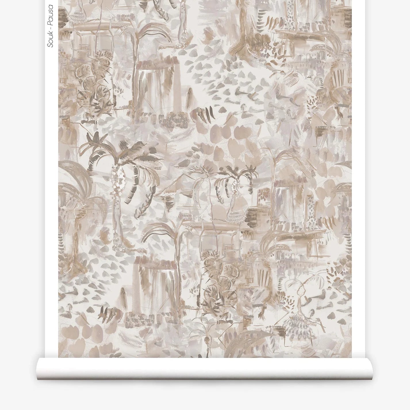 Partially unrolled wallpaper yardage in a painterly tree print in shades of gray, tan and cream.