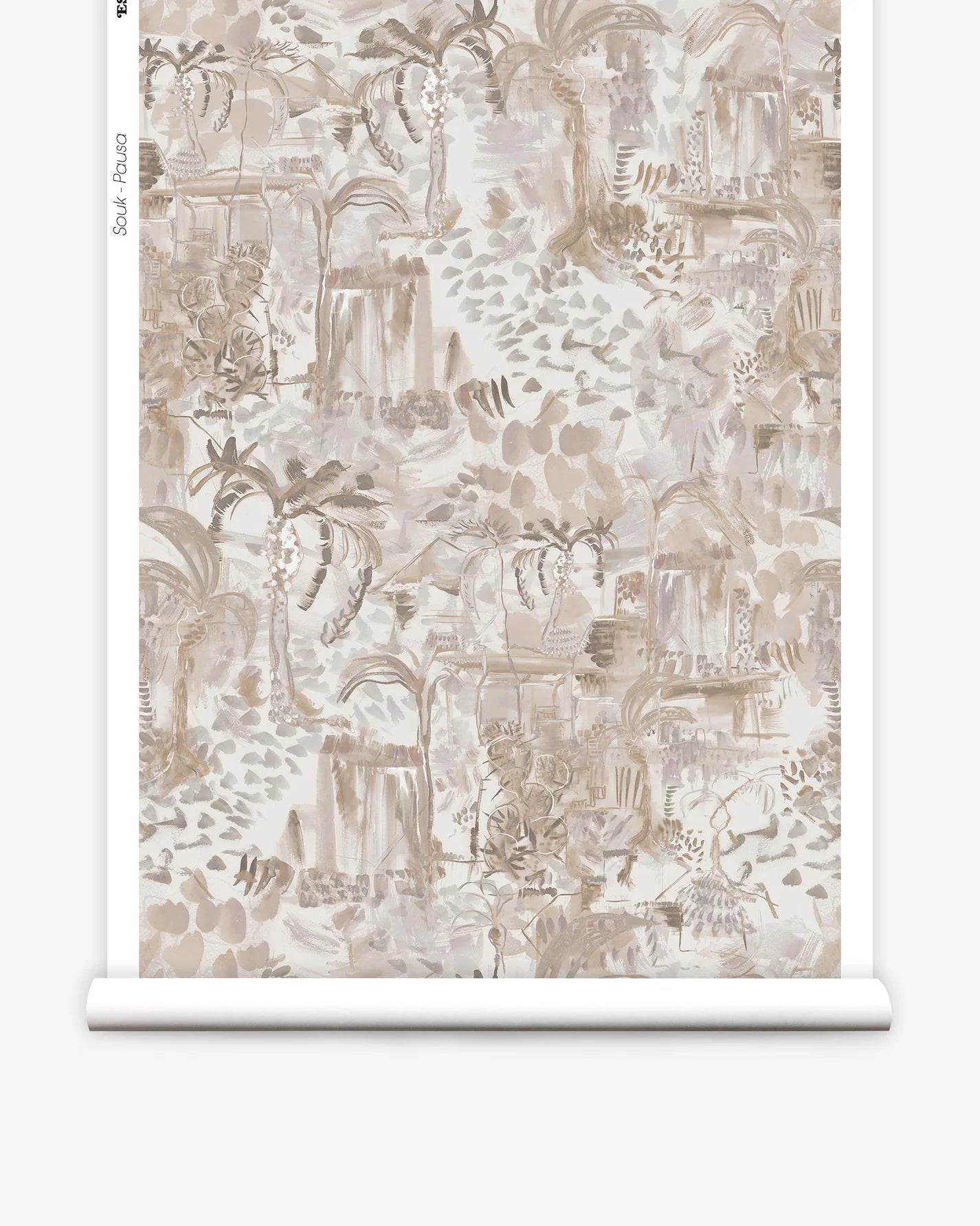 Partially unrolled wallpaper yardage in a painterly tree print in shades of gray, tan and cream.