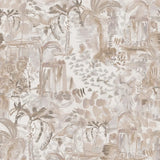 Detail of wallpaper in a painterly tree print in shades of gray, tan and cream.