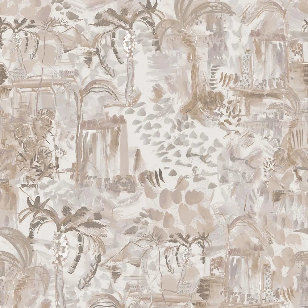 Detail of wallpaper in a painterly tree print in shades of gray, tan and cream.