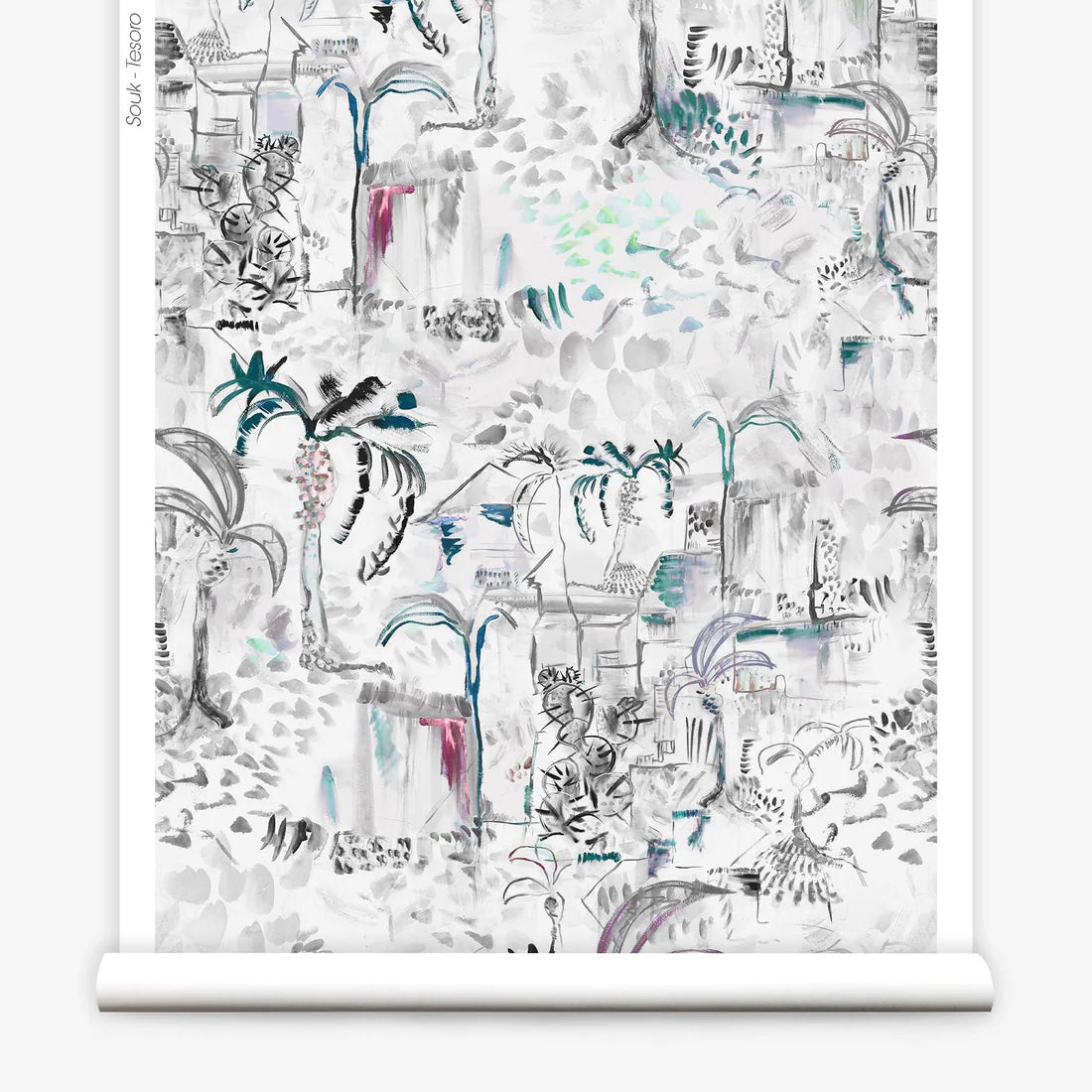 Partially unrolled wallpaper yardage in a painterly tree print in shades of gray, white, turquoise and pink.