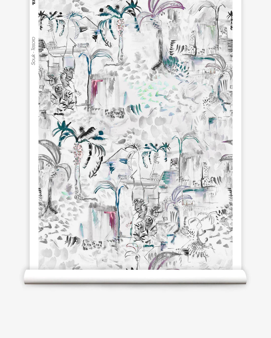 Partially unrolled wallpaper yardage in a painterly tree print in shades of gray, white, turquoise and pink.