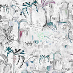 Detail of wallpaper in a painterly tree print in shades of gray, white, turquoise and pink.