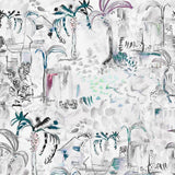 Detail of wallpaper in a painterly tree print in shades of gray, white, turquoise and pink.
