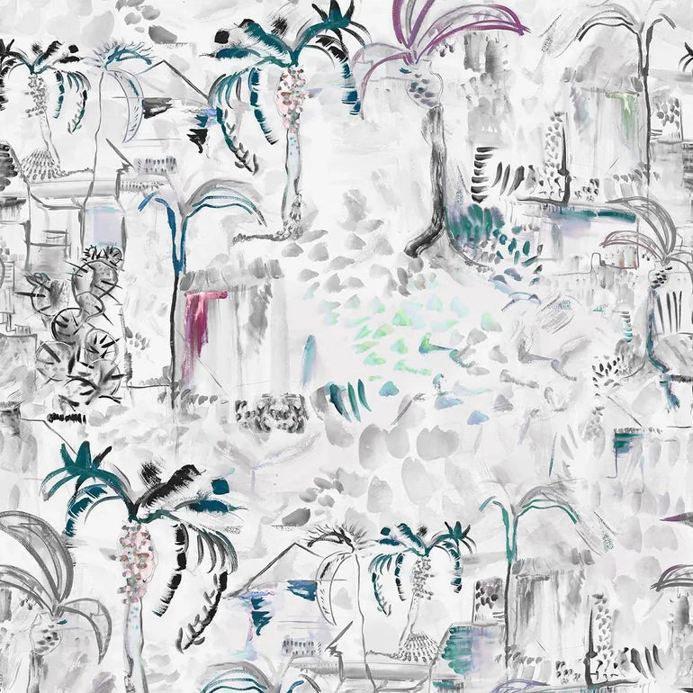 Detail of wallpaper in a painterly tree print in shades of gray, white, turquoise and pink.