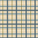 Scaled-out view of fabric in a squiggly check pattern in blue, green and gold on a light yellow field.