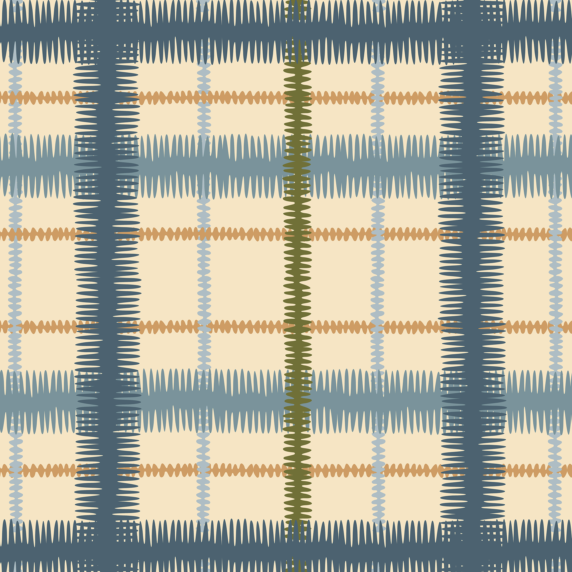 Detail of fabric in a squiggly check pattern in blue, green and gold on a light yellow field.
