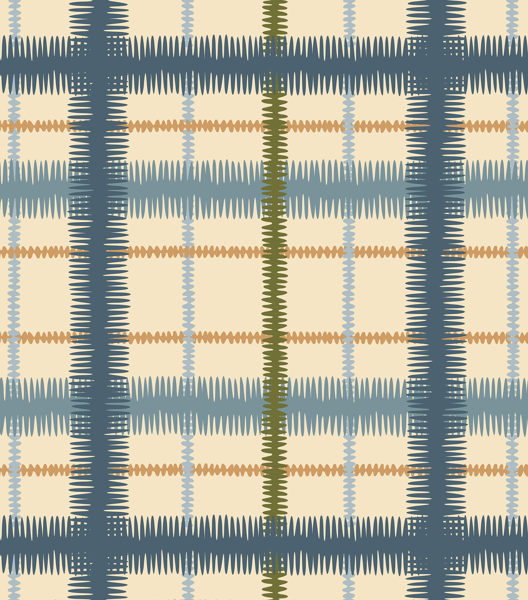 Detail of fabric in a squiggly check pattern in blue, green and gold on a light yellow field.