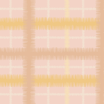 Detail of wallpaper in a squiggly check pattern in cream, brown and yellow on a pink field.