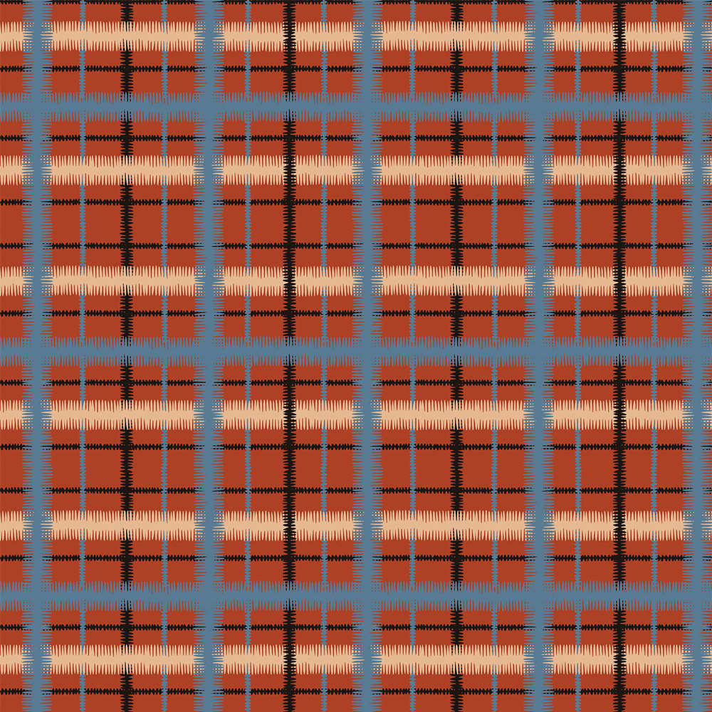 Scaled-out view of fabric in a squiggly check pattern in blue, cream and black on a red field.