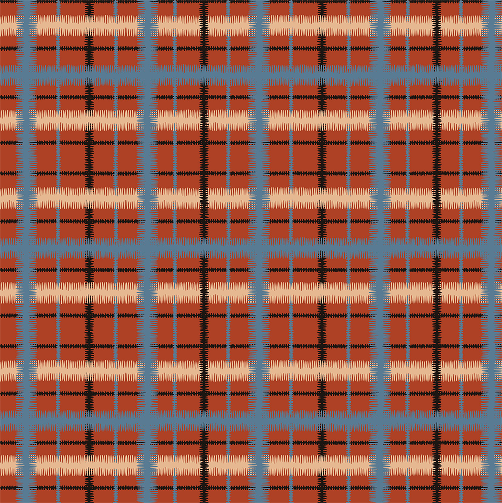 Scaled-out view of fabric in a squiggly check pattern in blue, cream and black on a red field.
