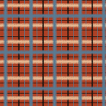 Scaled-out view of fabric in a squiggly check pattern in blue, cream and black on a red field.