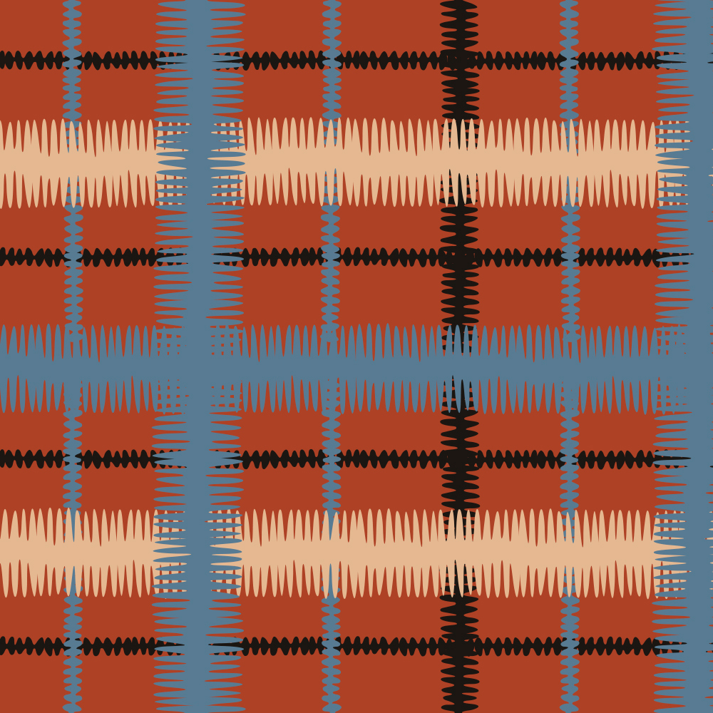 Detail of fabric in a squiggly check pattern in blue, cream and black on a red field.