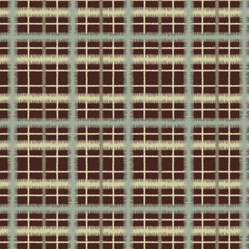 Scaled-out view of fabric in a squiggly check pattern in blue, green and cream on a brown field.
