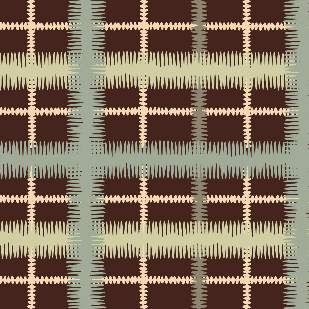 Detail of fabric in a squiggly check pattern in blue, green and cream on a brown field.