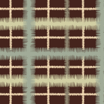 Detail of fabric in a squiggly check pattern in blue, green and cream on a brown field.