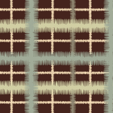 Detail of fabric in a squiggly check pattern in blue, green and cream on a brown field.