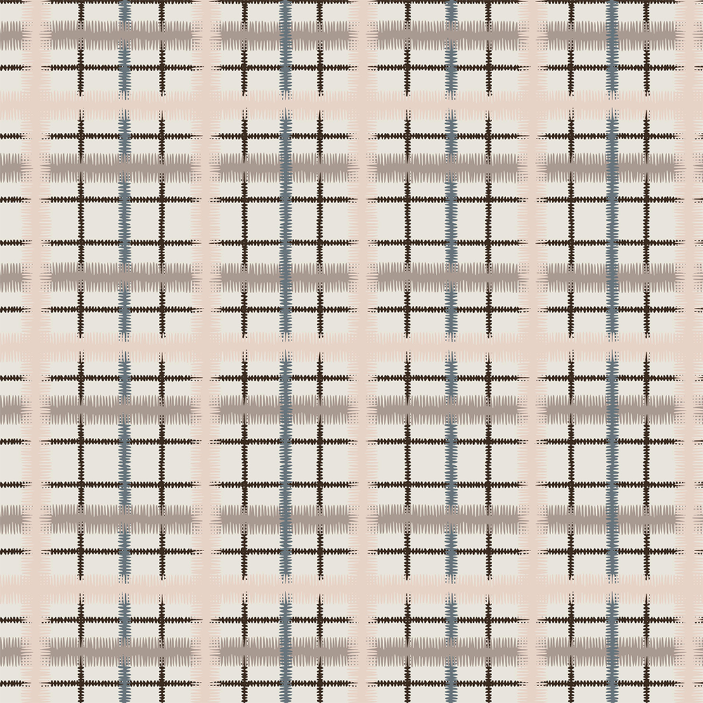 Scaled-out view of fabric in a squiggly check pattern in pink, blue and brown on a light blue field.