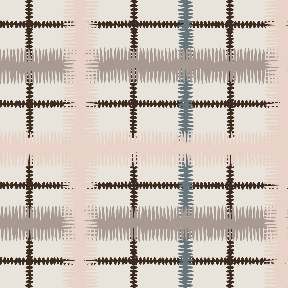 Detail of fabric in a squiggly check pattern in pink, blue and brown on a light blue field.