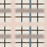 Detail of fabric in a squiggly check pattern in pink, blue and brown on a light blue field.