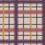 Detail of fabric in a squiggly check pattern in pink, purple and yellow on a light pink field.
