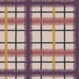 Detail of fabric in a squiggly check pattern in pink, purple and yellow on a light pink field.