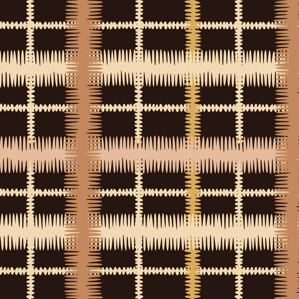 Detail of fabric in a squiggly check pattern in cream, brown and yellow on a black field.