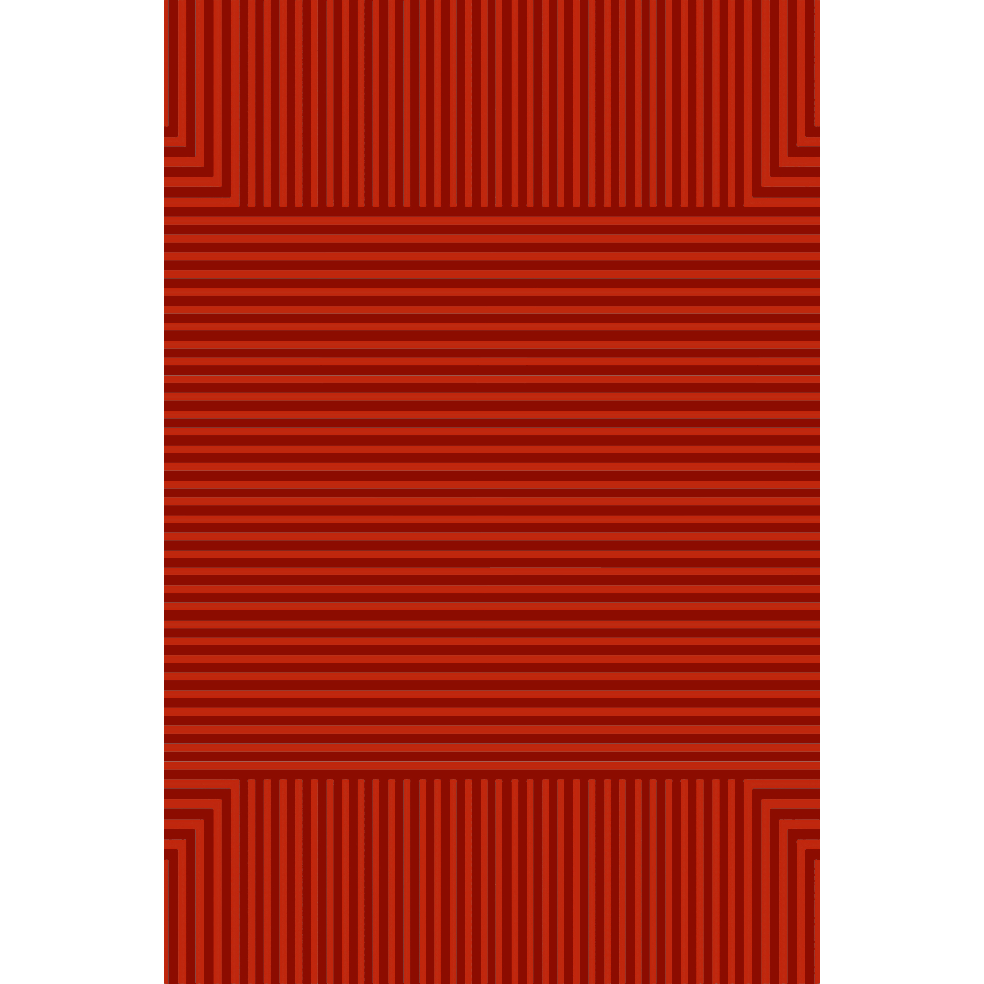 Artwork rendering of a flatwoven rug in a graphic broken stripe pattern in bright colors- orange, blue, grey, black and brown.