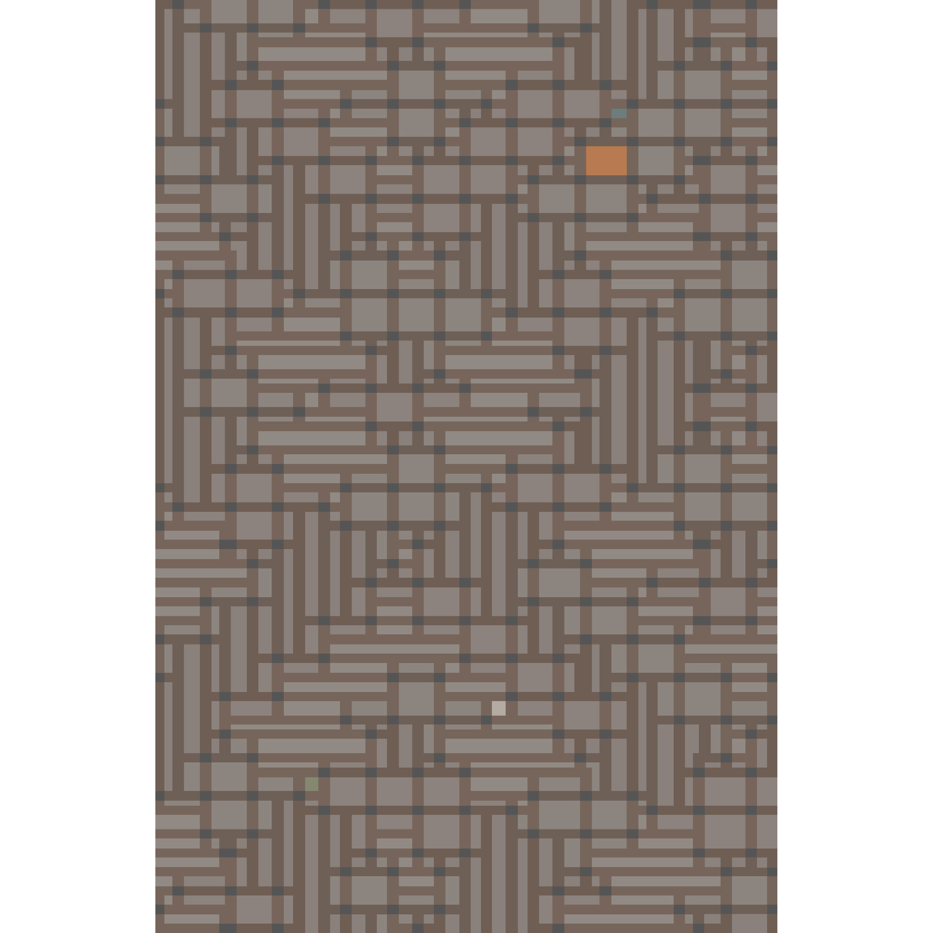 Artwork rendering of a handknotted rug in a dense geometric design in shades of brown with accents of red and blue.