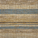 Textural flatweave rug in a varigated stripe in tan, cream and blue.