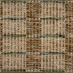 Textural flatweave rug in a modern check pattern in brown and tan with green accents.