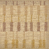 Flatweave rug in a stacked stripe design in ochre, brown and taupe. 