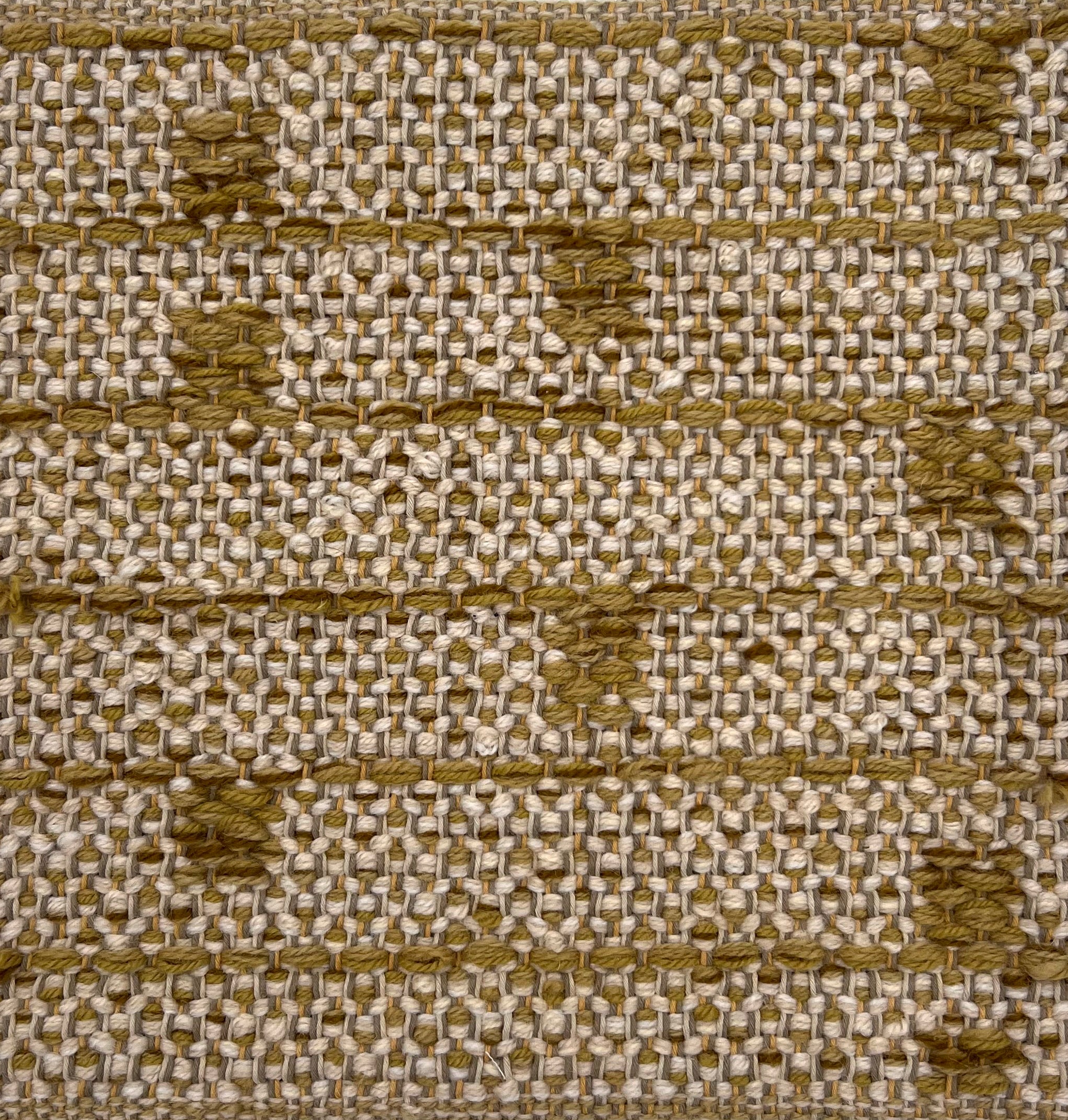 Textural flatweave rug in a modern stripe geometric design in yellow ochre on a taupe field.
