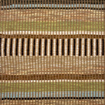 Textural flatweave rug in a varigated stripe in brown, tan, cream, green and blue.