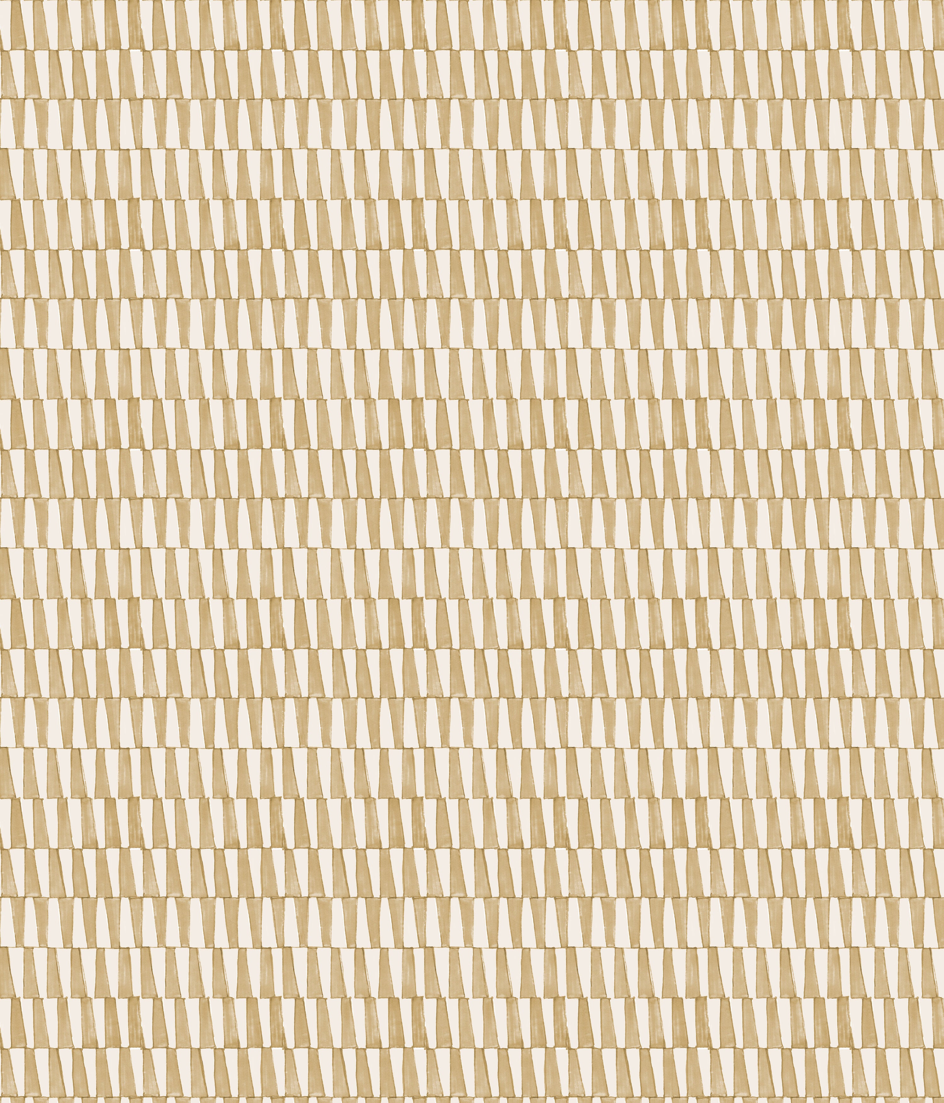 Detail of fabric in a playful triangular stripe print in tan and light brown.