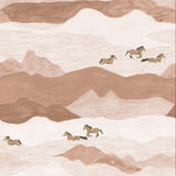 Horses running through a mountainous landscape with wavy lines.