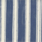 Fabric in a repeating striped pattern in navy on a cream field.