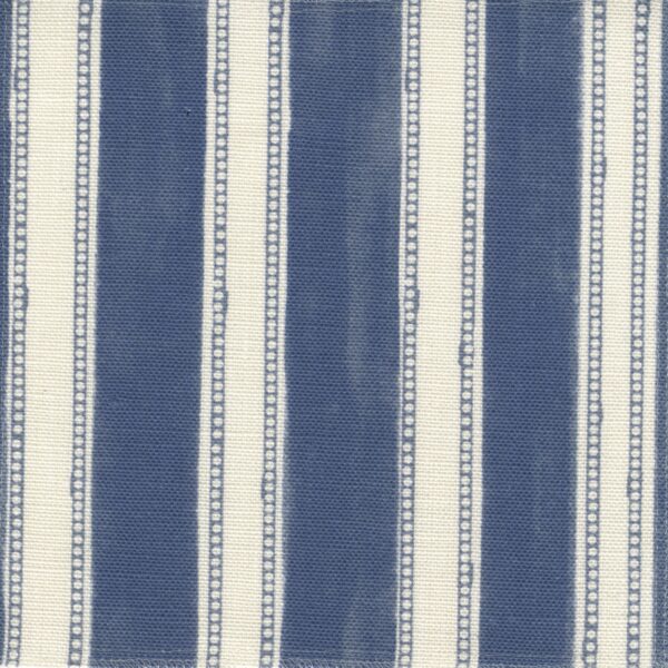 Fabric in a repeating striped pattern in navy on a cream field.